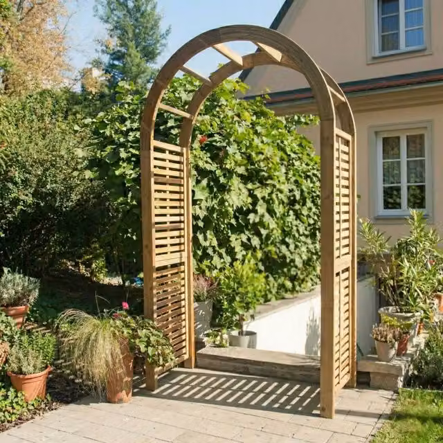 Jagram Garden Buildings Rose Wooden Garden Arch in Brown, Contemporary Pressure Treated Timber Trellis Support, H 244 x W 68 x D 68 cm