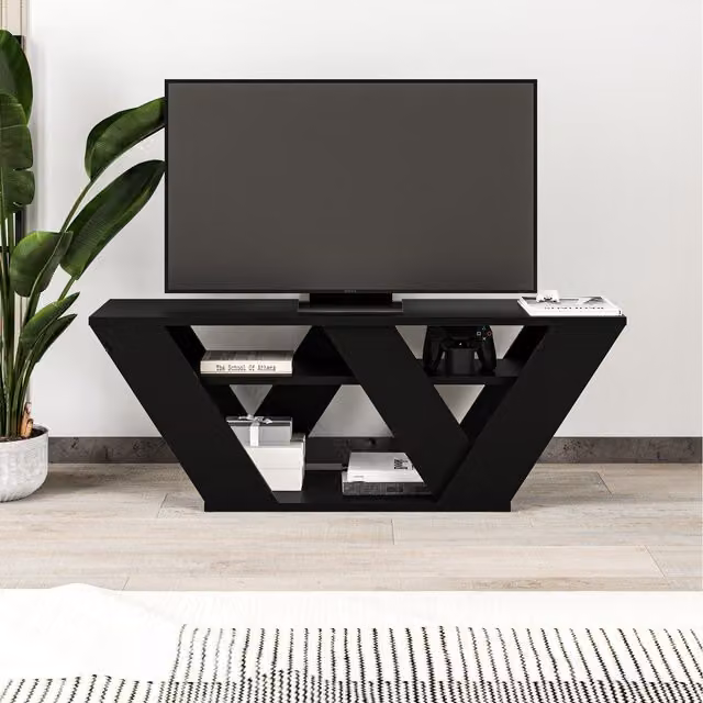 Decortie Pipralla Modern Multimedia TV Unit with Shelves in Matt Black, W/D/H: 110 x 30 x 40 cm – 1