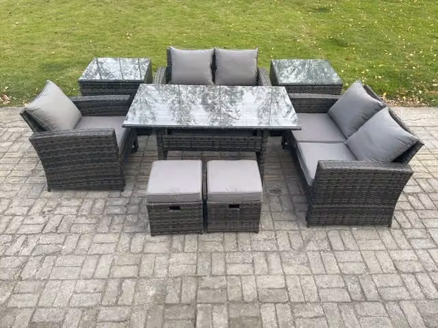 Fimous Outdoor Garden Dining Set in Dark Grey PE Rattan with Double Sofa, Dining Table, 2 Side Tables and 2 Footstools