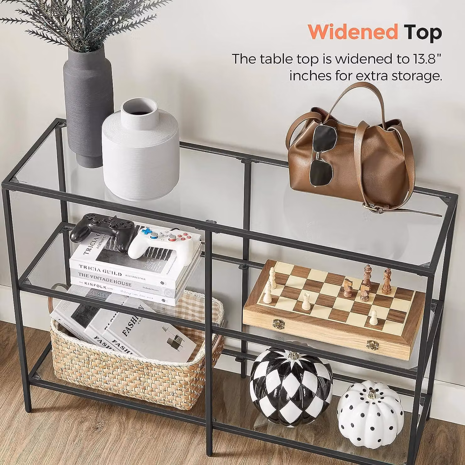 VASAGLE Modern Rectangular Console Coffee Table with 3 Transparent Glass Shelves and Black Steel Frame – 6