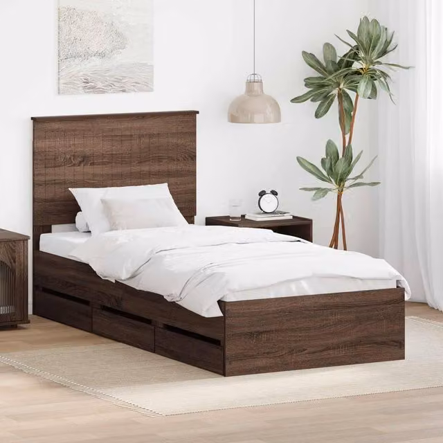 Berkfield Home Modern Bed Frame with Drawer in Brown Oak, W/D/H: 90 x 190 cm – 1