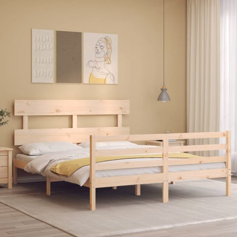Berkfield Home King Size Solid Pine Bed Frame with Headboard in Beige – 2