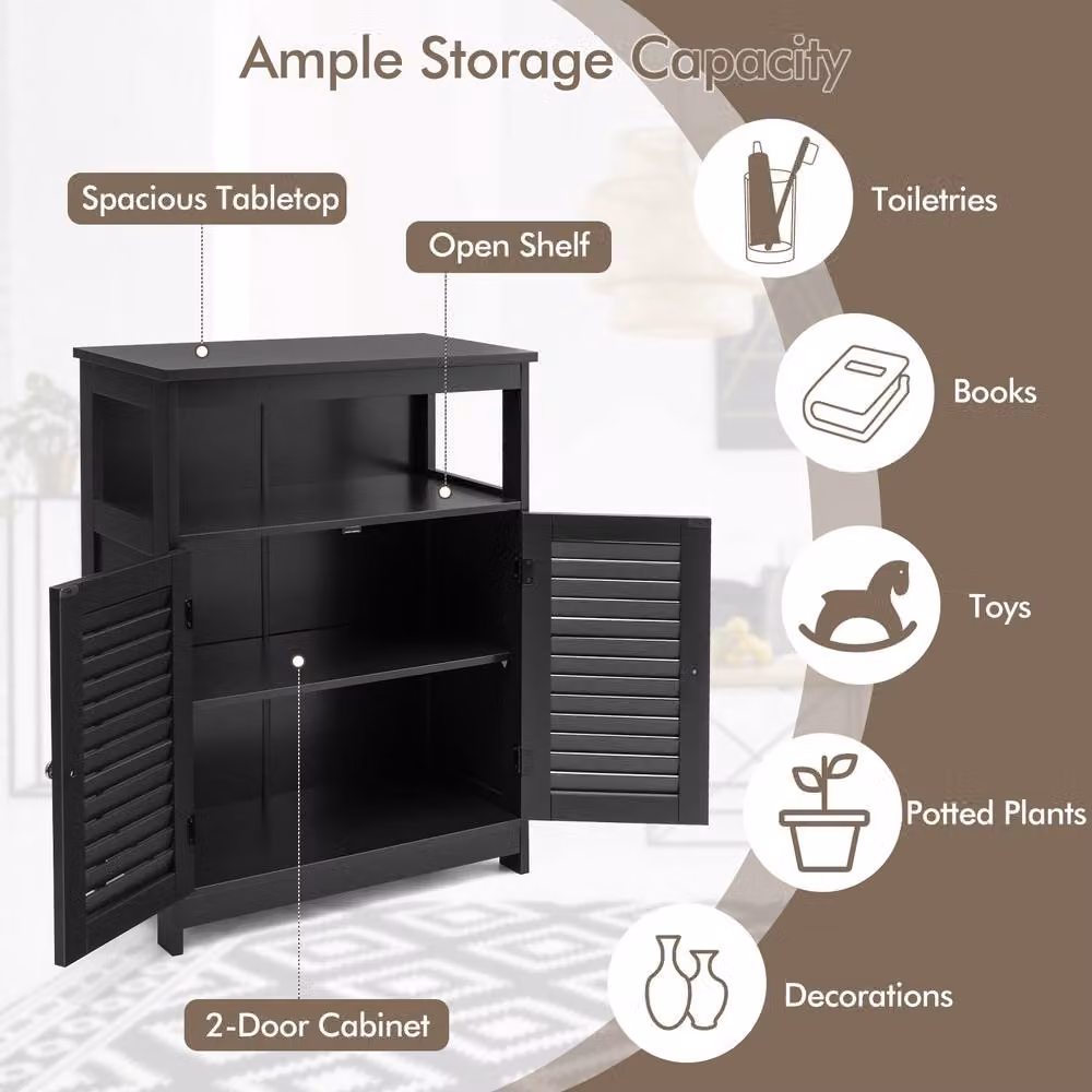 Costway Modern Black Wooden Bathroom Floor Cabinet with Adjustable Internal Shelves and Open Storage Shelf – 5
