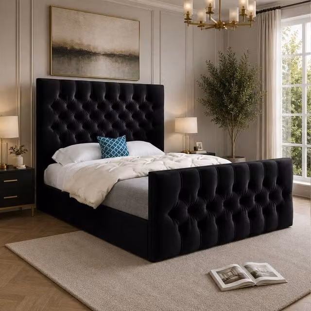 Casani Portmeirion Chesterfield Upholstered Small Single Bed Frame in Black Velvet