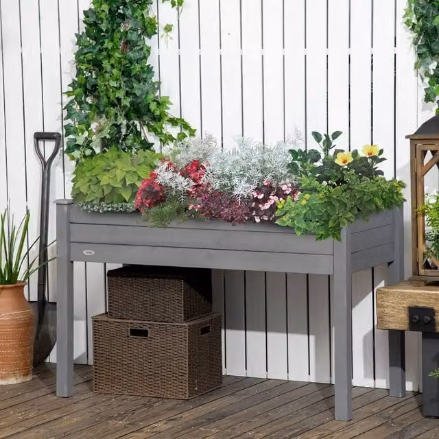 OUTSUNNY Wooden Raised Bed Garden Planter, Dark Grey, W/D/H: 76.0 x 55.5 x 55.5 cm