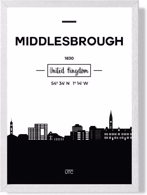 ARTZE Middlesbrough Black and White City Skyline Framed Print with White Frame, A2