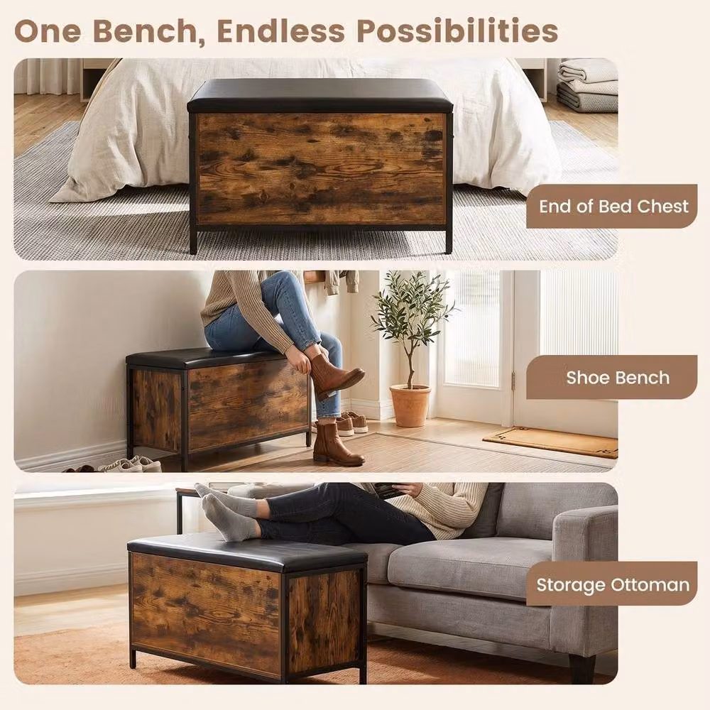 SPETLEK Industrial Lift-Top Shoe Bench with Brown Faux Leather Seat – 7