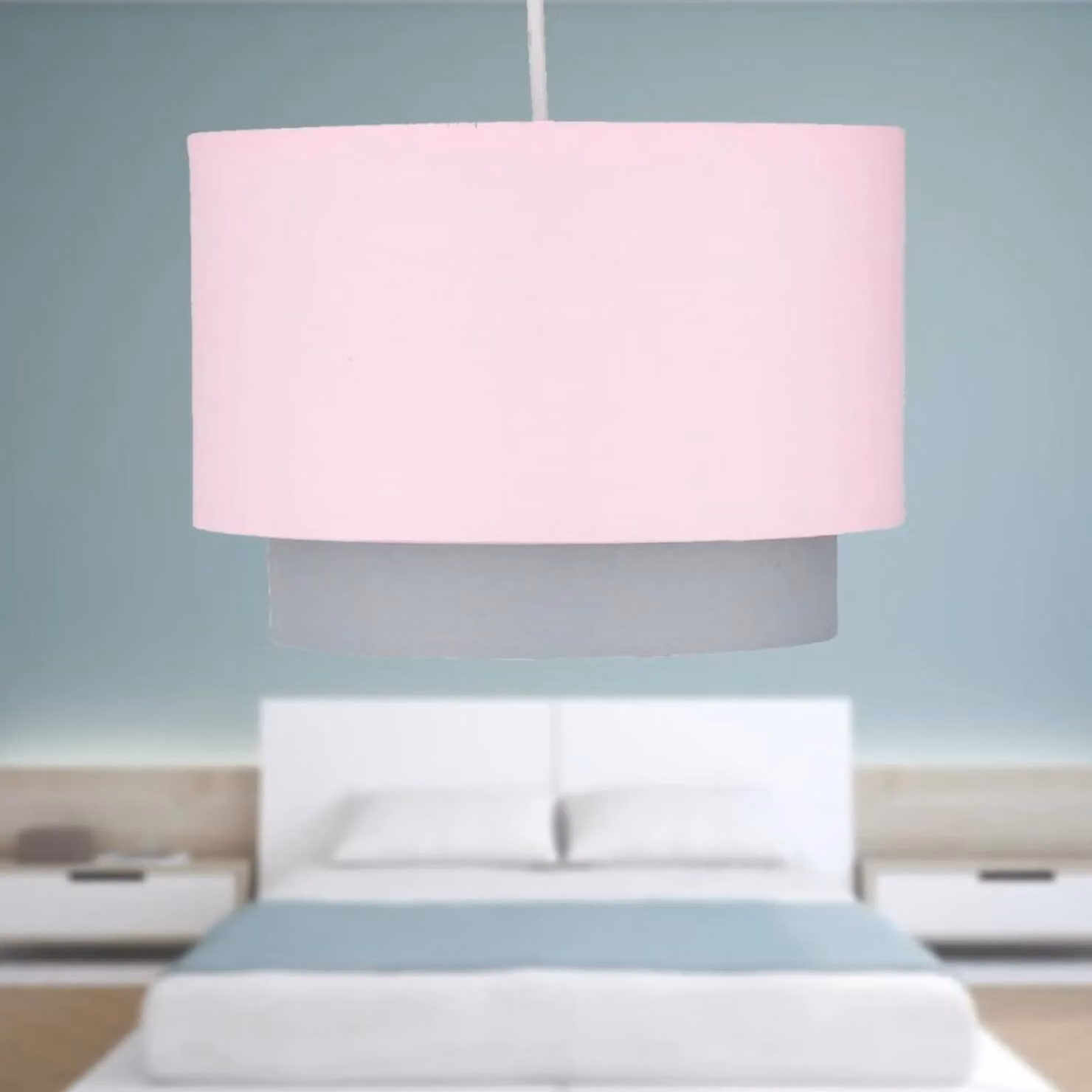 First Choice Lighting Pair of Pink and Grey 2 Tier Fabric Easy Fit Cylinder Light Shades – 3