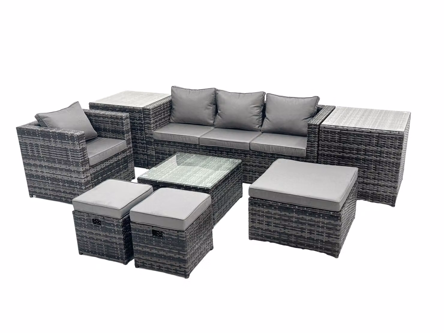 Fimous 7 Seater Patio Lounge Sofa Set with 2 Side Tables and 3 Footstools in Dark Grey – 2