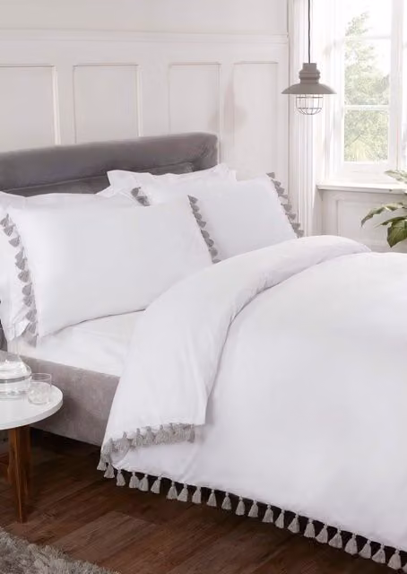 Rapport Home Tassel Polycotton Duvet Cover Set with Pillowcase in White, W: 90 cm, H: 200 cm