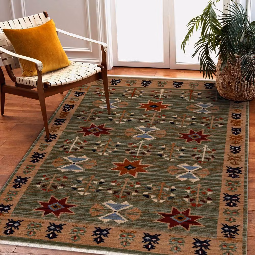 RugsX Green Wool Keshan Oriental Rectangular Rug W: 80 cm, L: 145 cm – 3