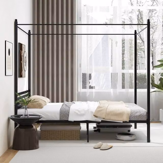NESTLUNE Black Metal 4-Poster Canopy Bed Frame, W/D/H: 140 x 200 cm – 1