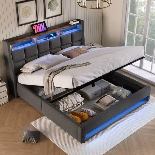 Merax Vintage Upholstered Storage Bed in Grey with LED Headboard, USB Charging Ports and Lift-Up Base, W/D/H: 200 x 155 x 117 cm – 1