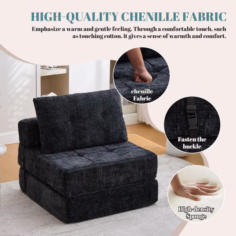 Aosom UK Black Chenille Convertible Floor Sofa Bed with Button-Tufted Detailing, W: 79 cm, D: 180 cm, H: 57 cm