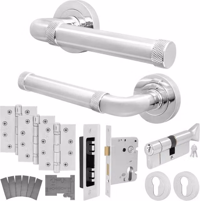 AFIT Chrome Fire Door Handle Euro Lock Thumbturn Cylinder Set with Hinges in Silver, W/D/H: 15 x 15 x 1.5 cm