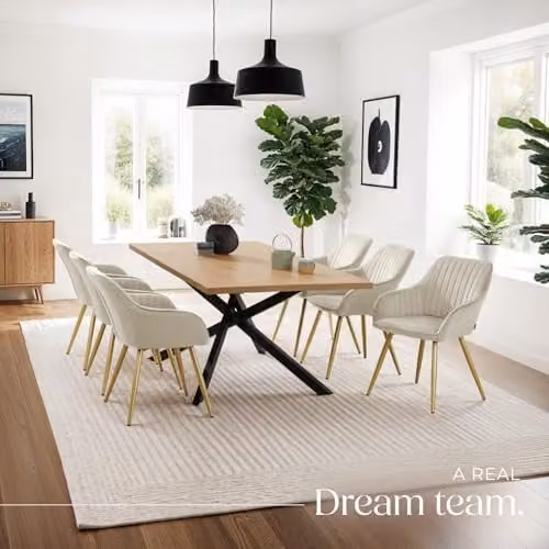 tectake Marilyn Set of 4 Modern Dining Chairs with Velvet Fabric and Gold Metal Legs in Cream/Gold – 2