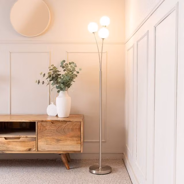 ValueLights Velika 3 Arm Retro Floor Lamp with Silver Metal Base and White Opaque Glass Spheres – 1