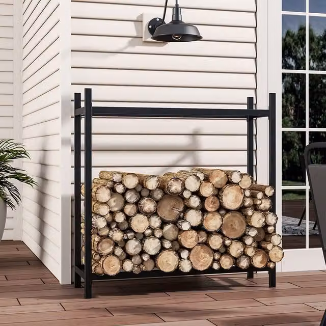Livingandhome Freestanding Metal Firewood Logs Holder in Matt Black