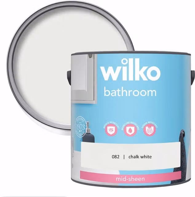 wilko Mould Resistant Mid Sheen Bathroom Emulsion Paint, White, 2.5 l