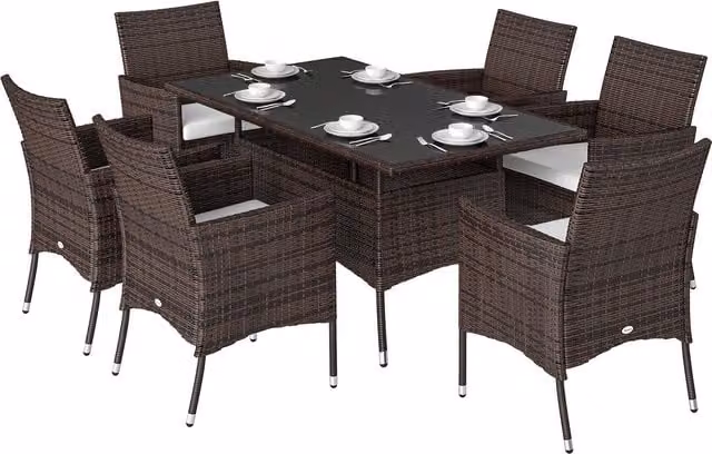 Outsunny 7-Seater Rattan Garden Dining Set with Rectangular Glass Table and Black Cushions in Brown – 9