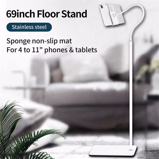 Nordara White Tablet Tripod Floor Stand with Gooseneck Mount for 4-11 inch iPhone and iPad