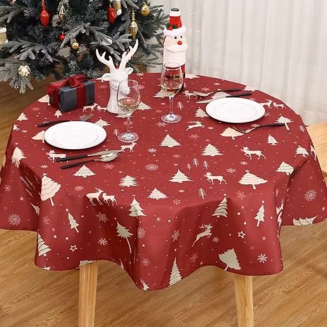 London Boutique Round Waterproof Christmas Tablecloth in Red with Deer Graphic, Diameter: 152.4 cm