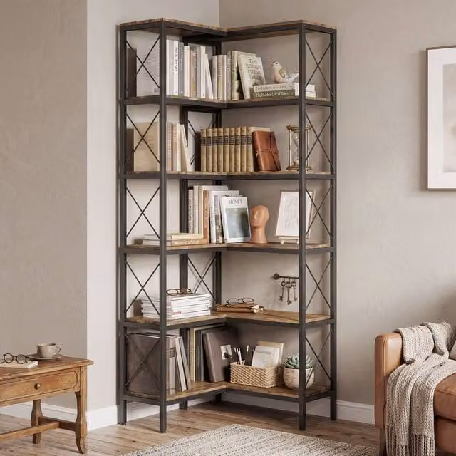 HOMCOM L-Shaped 5-Tier Corner Bookshelf with Metal Frame in Rustic Brown – 1