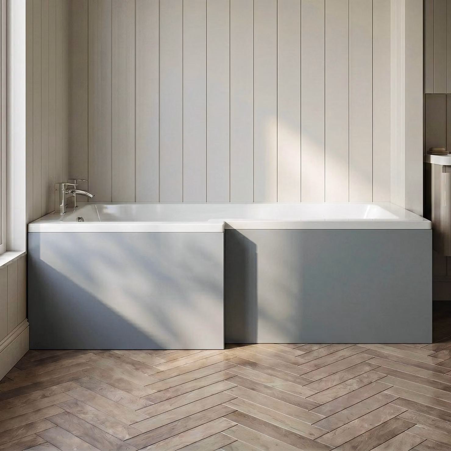 Balterley Edge Power L Shape Square Front Bath Panel in Matt Coastal Grey, 1700mm – 3