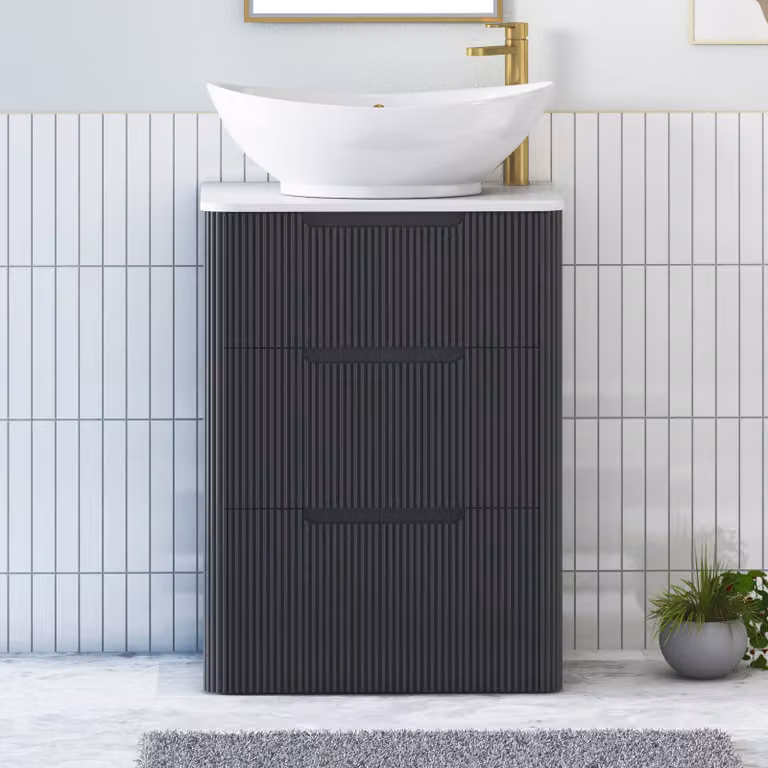 Royal Bathrooms Avenza 600mm Matt Obsidian Black Floor Standing 3 Drawer Vanity Unit with Plain White Worktop and Amaze Basin