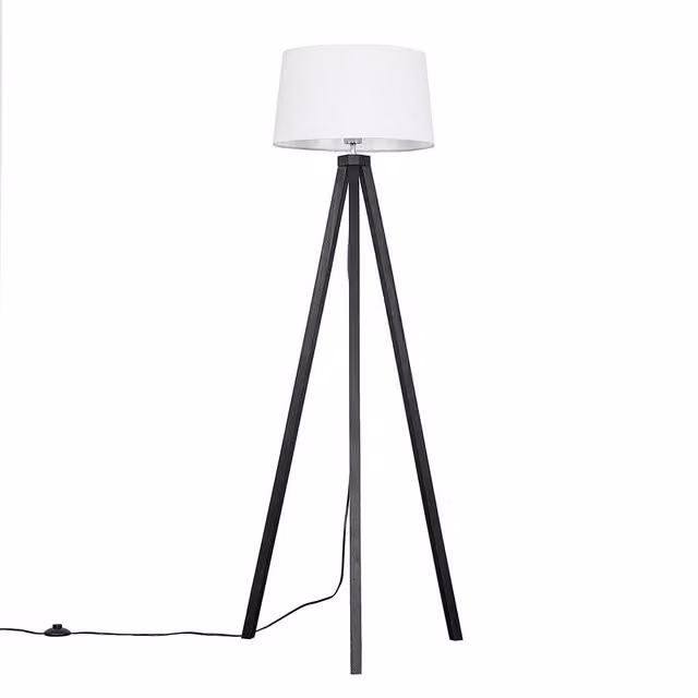 ValueLights Barbro Black Wood Tripod Floor Lamp with White Linen Tapered Shade, Height: 130 cm
