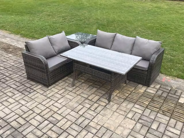 Fimous Dark Grey Wicker Rattan Outdoor Garden Furniture Set with Rectangular Dining Table, Lounge Sofa and Side Table