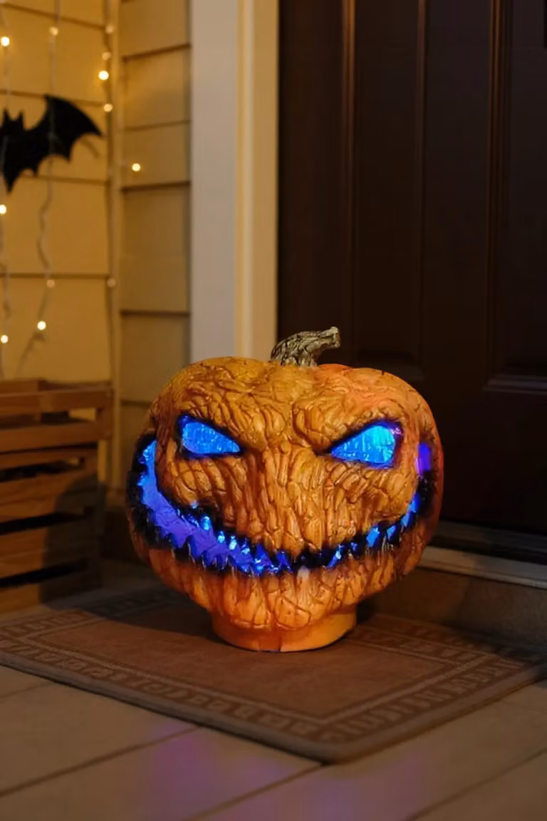 Living and Home Halloween Pumpkin Lantern with Funny Ghost Face LED Light Up Decoration in Brown and Orange, W/D/H: 25 x 30 x 25 cm