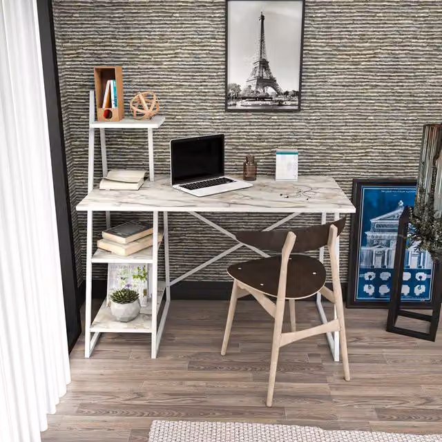 Admira Modern Computer Desk in White and Gold Marble Effect