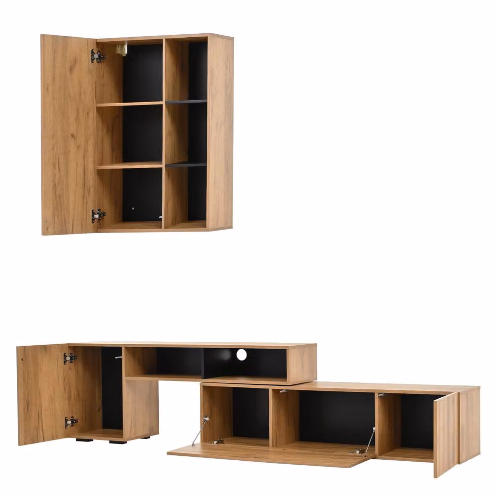 Merax Modular TV Wall Unit Set with Lowboard, Wall Cabinet and Open Shelving in Black and Brown – 3
