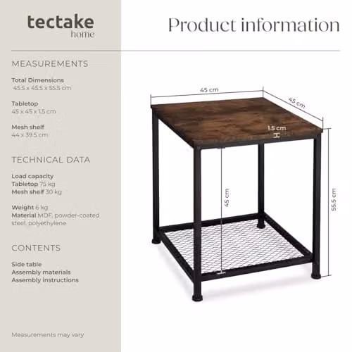 tectake Industrial 2-Tier Side Table with MDF Laminate Top and Metal Frame in Black and Brown, W/D/H: 45.5 x 45.5 x 55.5 cm – 2