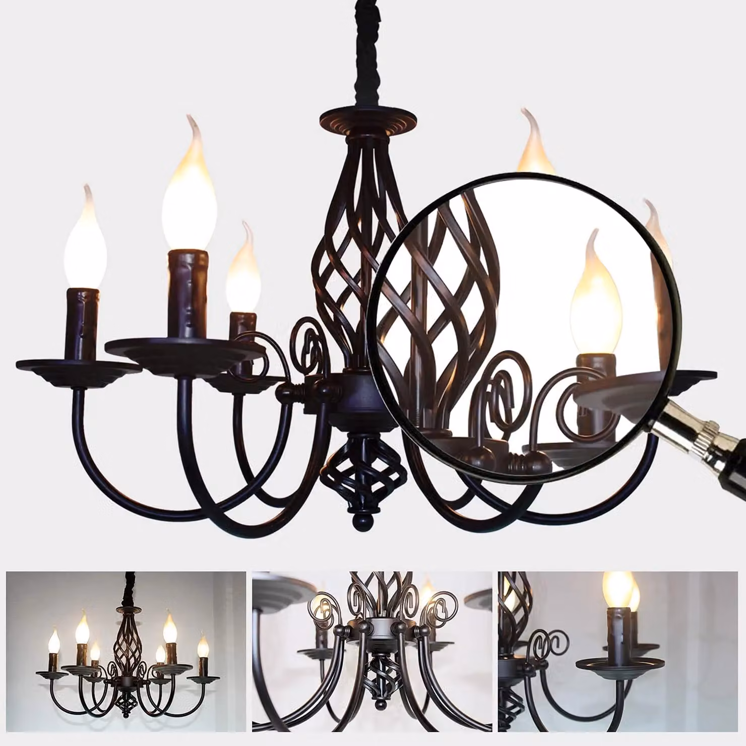 Garwarm Rustic Black Wrought Iron Pendant Chandelier with 6 Lights and Adjustable Height – 5