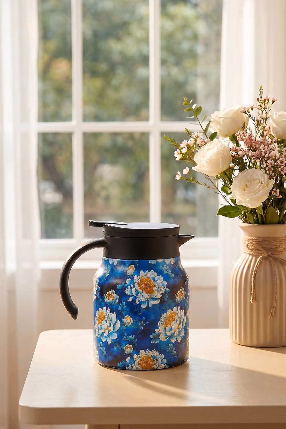 Living and Home Vintage Floral Pattern Thermal Carafe Teapot with Built-in Infuser in Dark Blue – 2