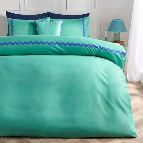 OHS Reversible Microfibre Polyester Duvet Cover and Pillowcase Set with Graphic Wave Design in Green and Blue, W/D/H: 200 x 200 cm