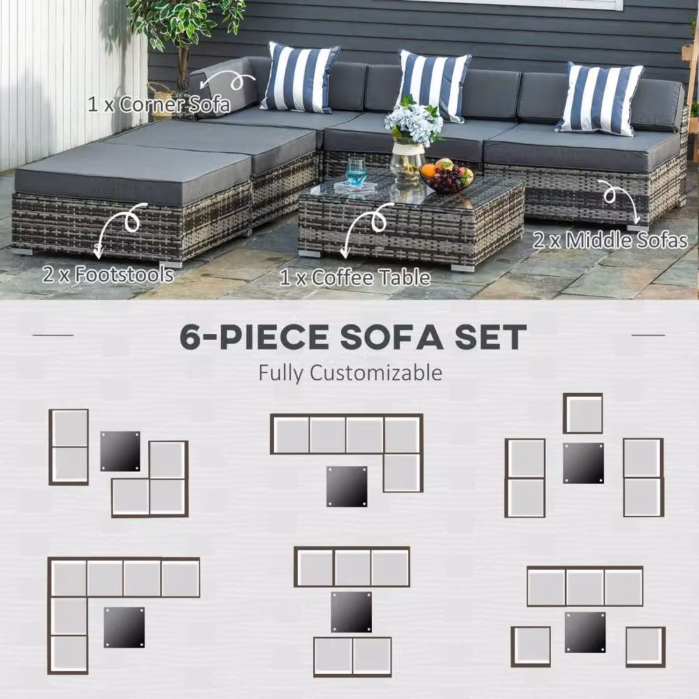 Wyld Haus Nona 6 Piece Grey Rattan Outdoor Sofa Set with Cushions and Square Table – 5