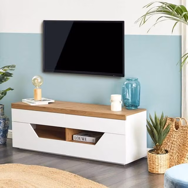 Wyld and Coco Scandi TV Stand in White and Light Wood with 4 Drawers and 2 Shelves
