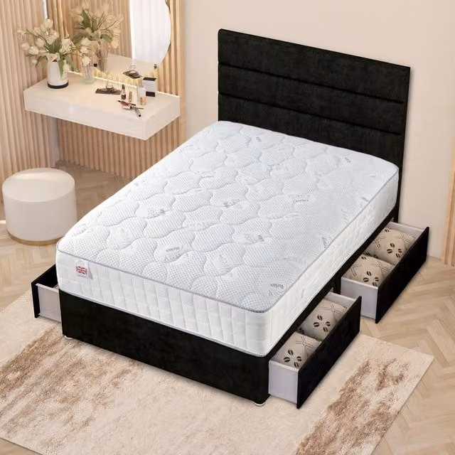 Somnior Beds Ltd Modern Upholstered Fabric Bed Frame and Headboard Set with Drawers, Black, W/D/H: 180 x 200 cm
