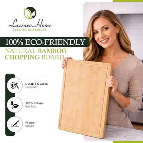 Lazzaro Set of 2 Brown Bamboo Chopping Boards, Reversible Rectangular Wooden Cutting Boards with Juice Grooves, W: 44 cm, D: 30 cm, H: 2 cm – 2