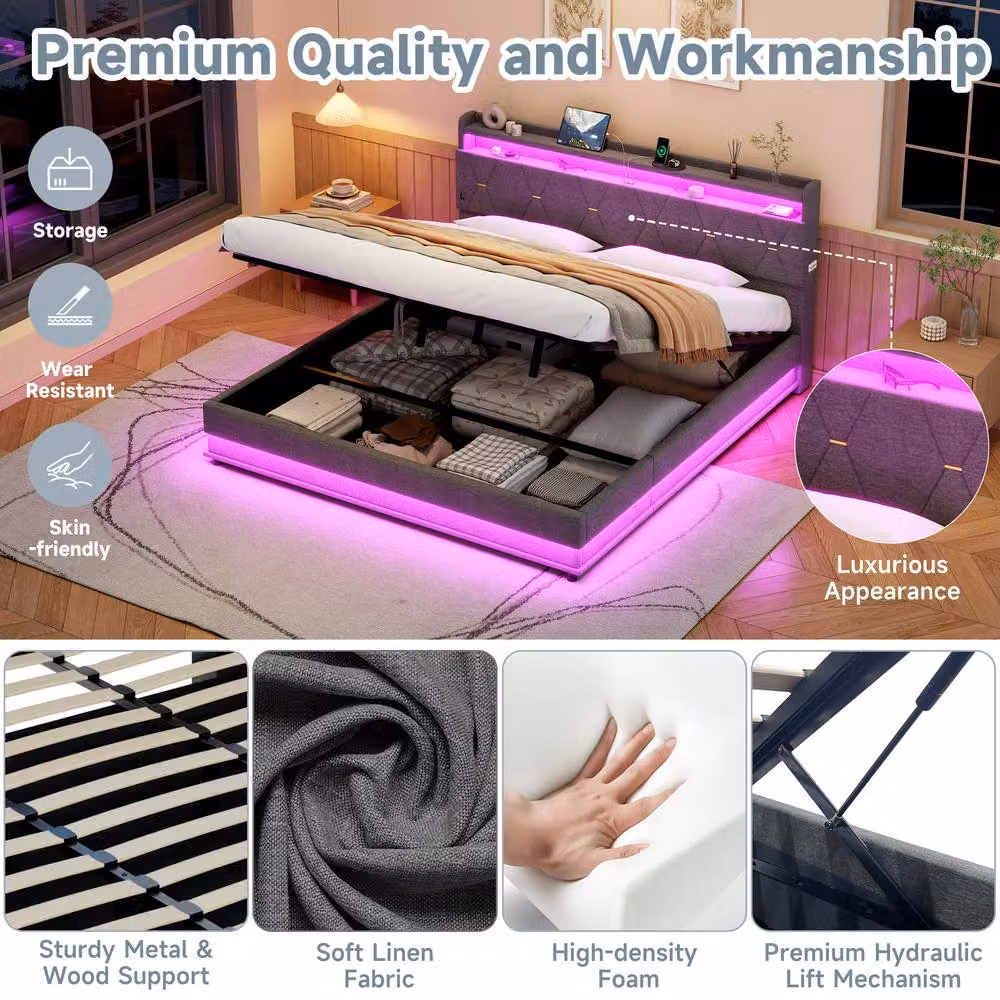 BTM Super King Upholstered Ottoman Bed Frame in Grey with LED Under-bed Lighting, USB Charging Port and Bedside Shelf, W/D/H: 180 x 200 x 111 cm – 3