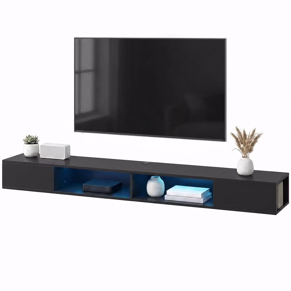 STILVORA Modern Wall Mounted TV Stand with RGB LED Lights in Matt Black – 3