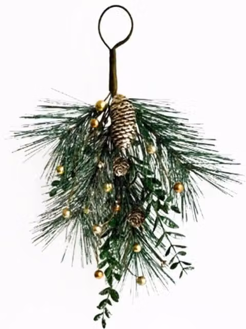 KDMK Christmas Soft Gold Teardrop Swag with Pinecones and Leaves in Green and Gold