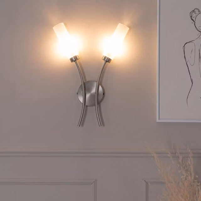 ValueLights Maya Pair of 2 Way Up and Down Curved Reed Shaded Wall Lights with LED Bulbs in Silver