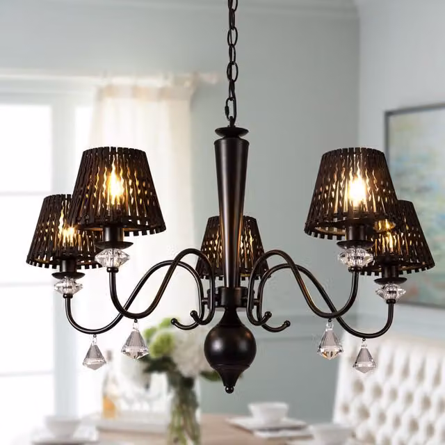 Garwarm 5 Light Dimmable Classic Traditional Crystal Chandelier in Black and Wood