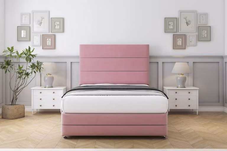 Sloomy Monaco Plush Divan Set in Pink with 26 inch Headboard and Footboard, Super King Size