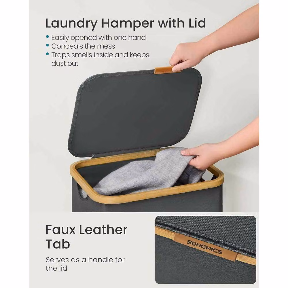 The Bazaarist Foldable Laundry Hamper with Lid, Bamboo Frame and Fabric, Dark Grey – 3