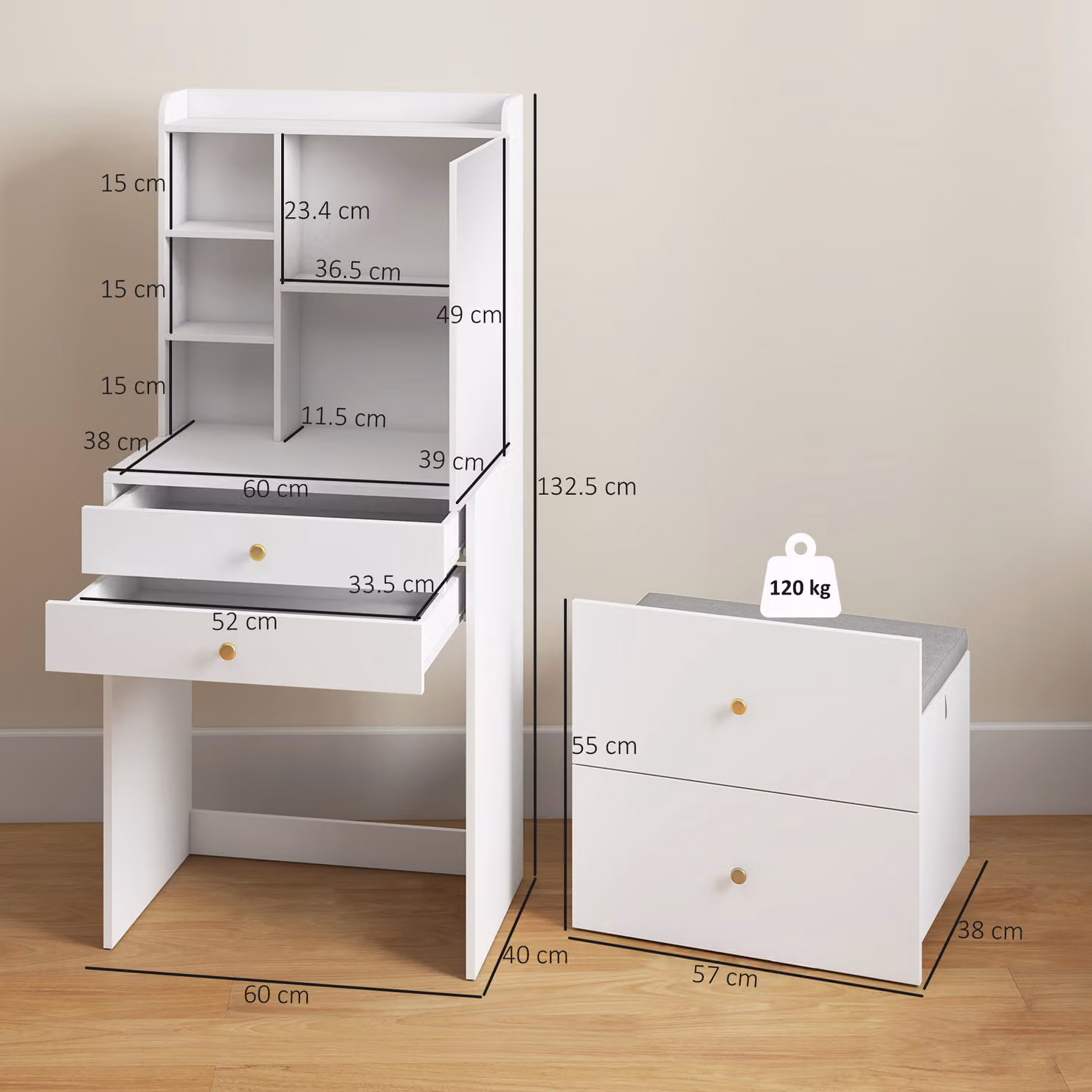 HOMCOM Dressing Table with Mirror and Mobile Storage Stool in White – 2